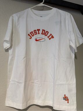 Nike White Short Sleeve Tee with Red-Orange 'Just Do It' Logo